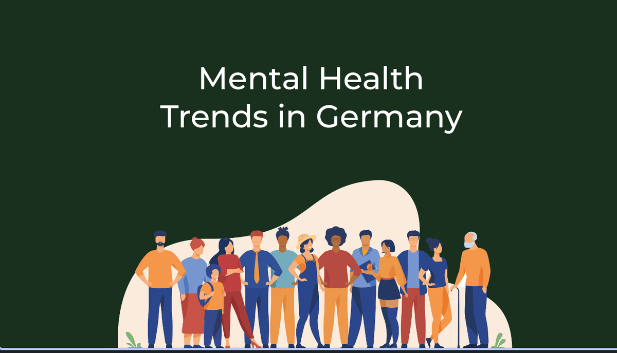 Illustration of a diverse group of people next to the text 'Mental Health Trends in Germany'