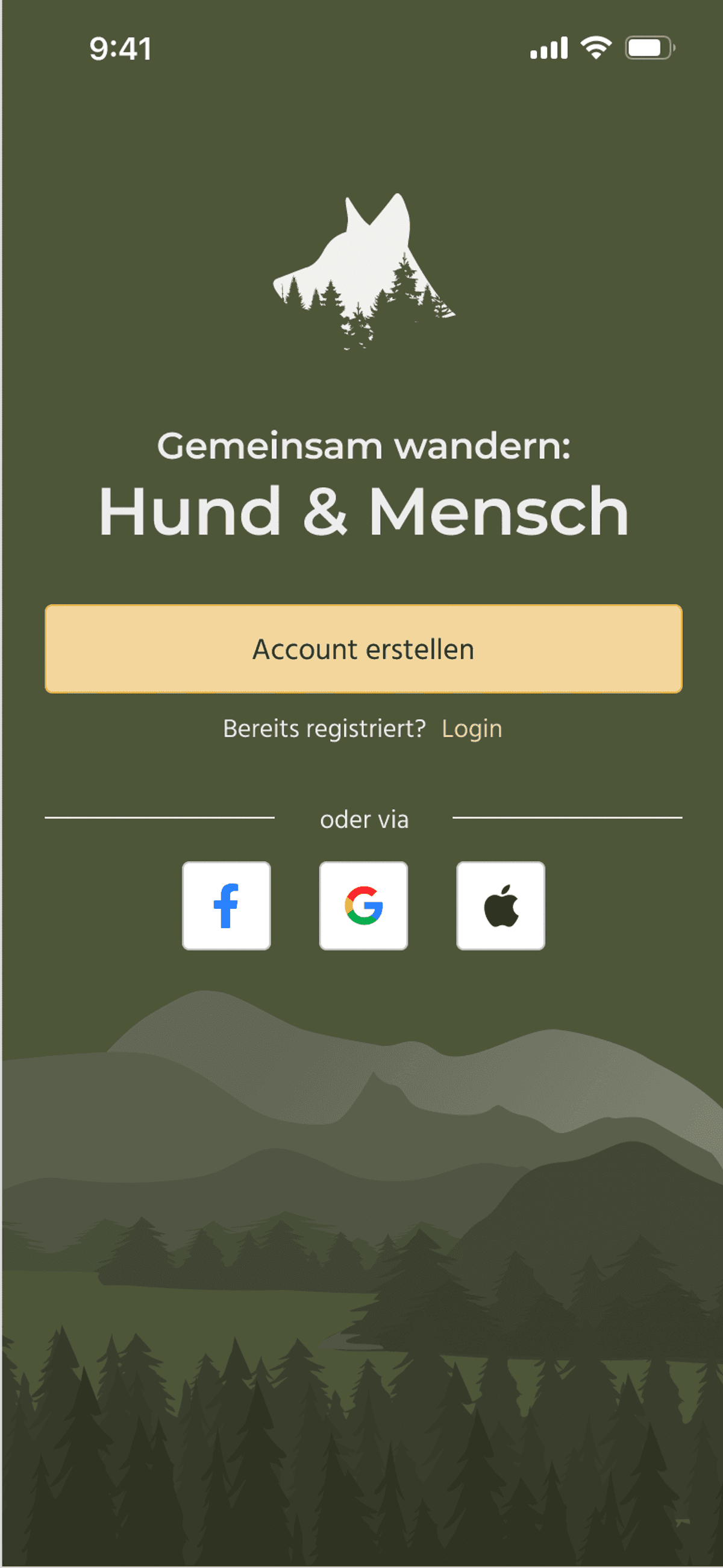 Mobile app start screen for hiking together with dog and human